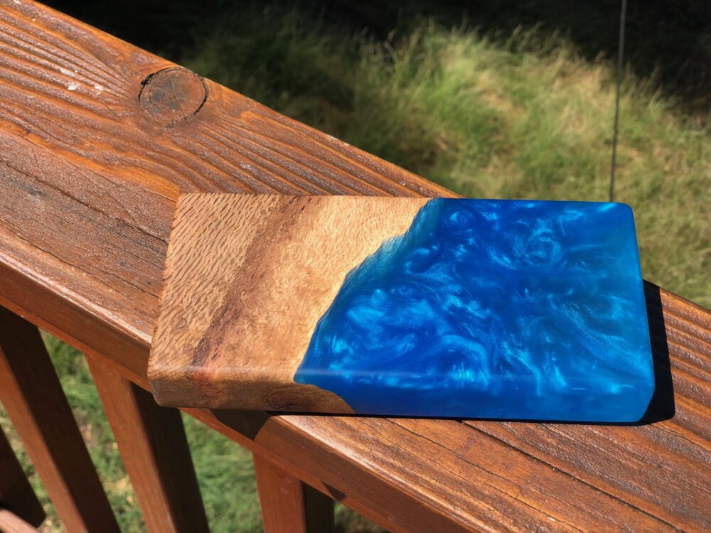 Blue wood art block with epoxy