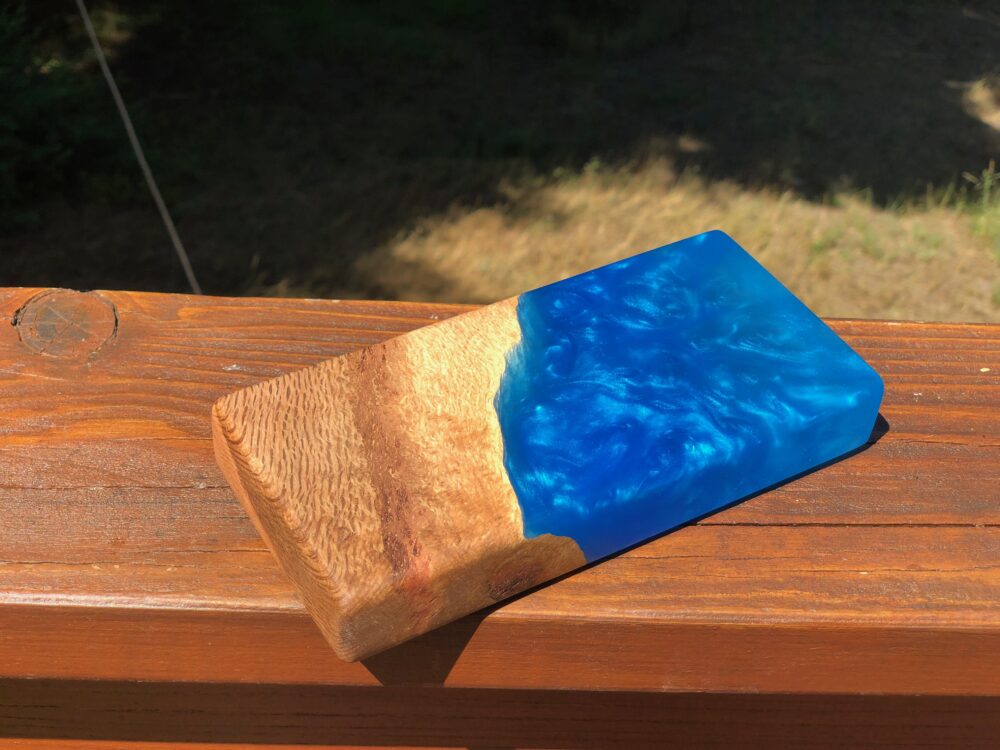 Blue wood art block with epoxy