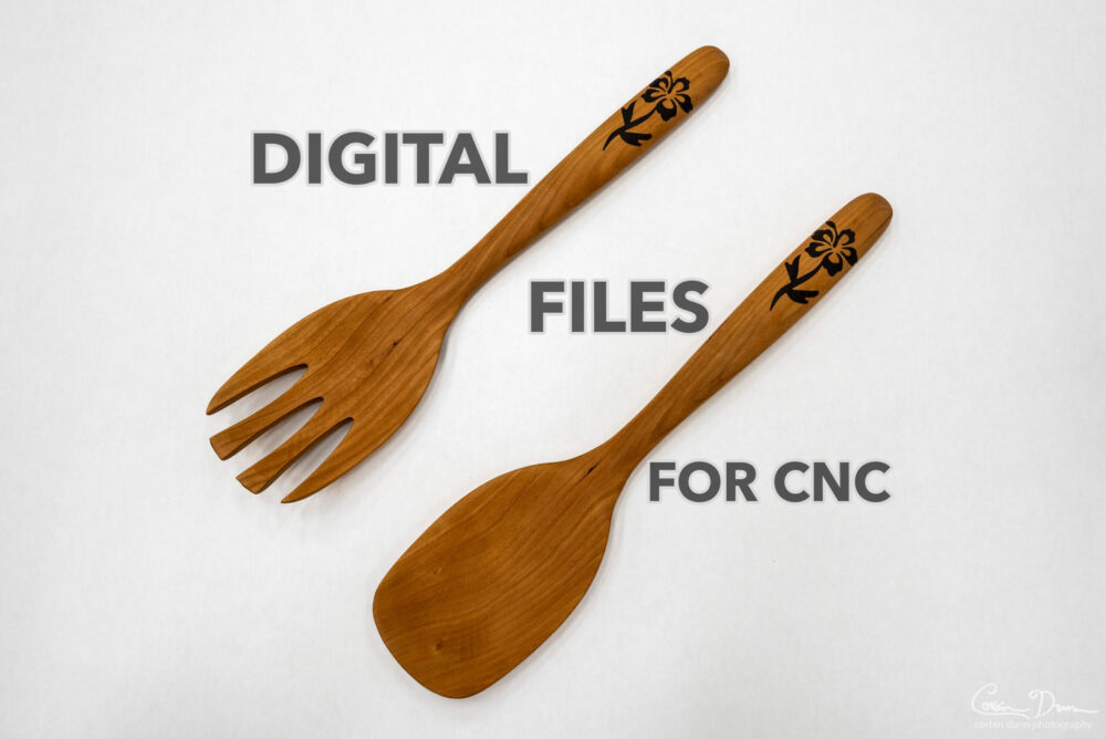 Digital File: Salad Set - Fork and Spoon - CNC Plans - Vectric VCarve file, PDF Directions, and STL Model - Wood Hibiscus or Rose Inlay