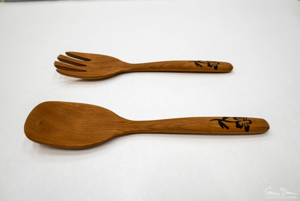 Digital File: Salad Set - Fork and Spoon - CNC Plans - Vectric VCarve file, PDF Directions, and STL Model - Wood Hibiscus or Rose Inlay
