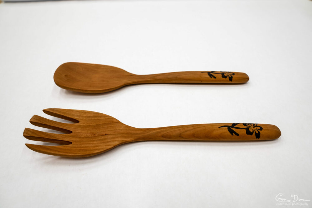 Digital File: Salad Set - Fork and Spoon - CNC Plans - Vectric VCarve file, PDF Directions, and STL Model - Wood Hibiscus or Rose Inlay