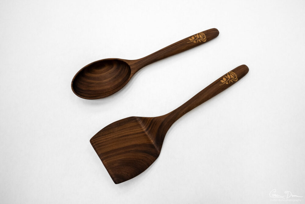 Wood Spoon and Spatula Cooking Utensils with Wood Rose Inlay - Walnut w/Maple