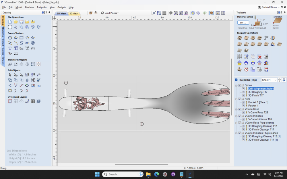 Digital File: Salad Set - Fork and Spoon - CNC Plans - Vectric VCarve file, PDF Directions, and STL Model - Wood Hibiscus or Rose Inlay